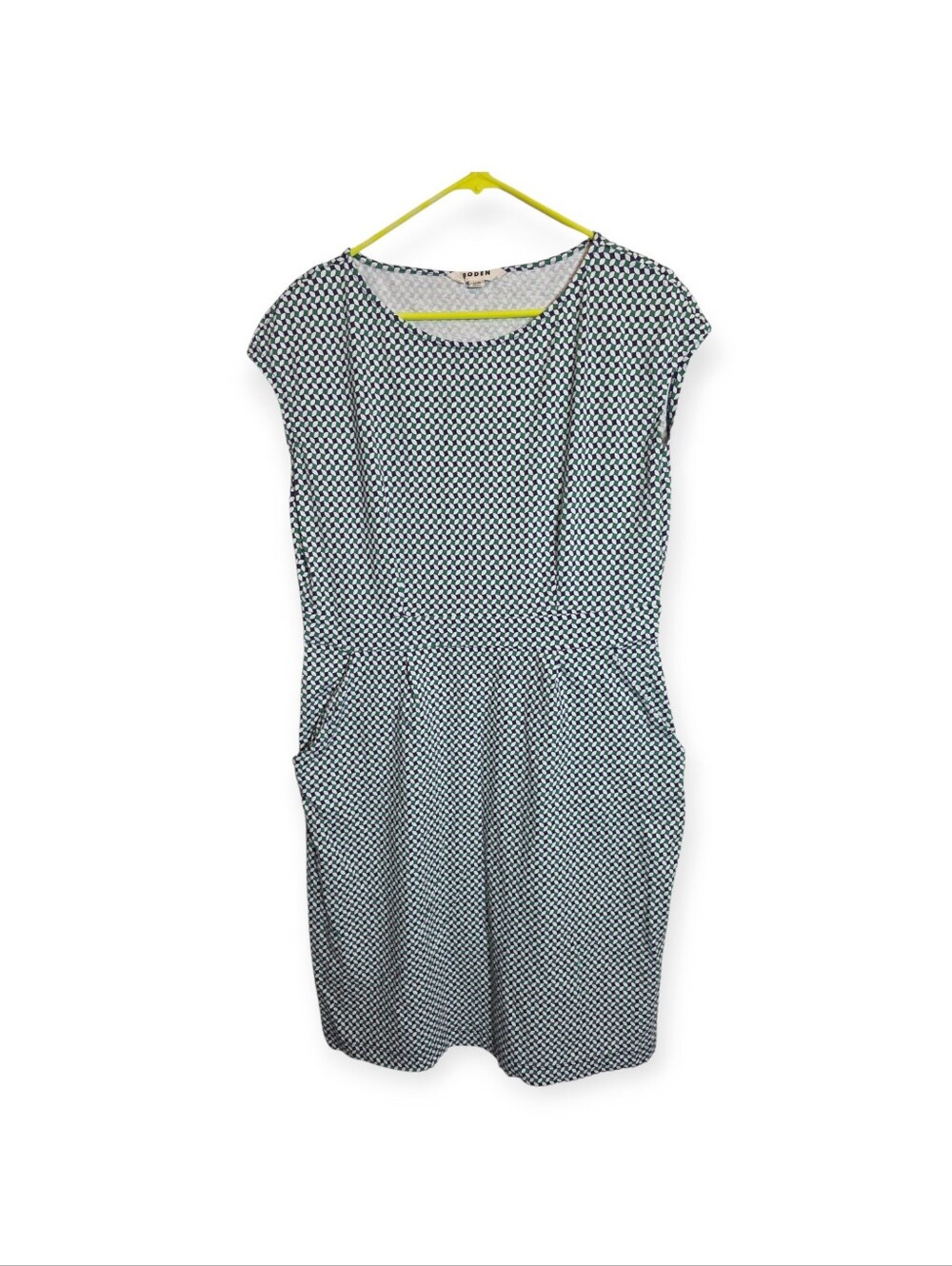 Women's Boden geometric green and blue midi dress with front pockets, size 14